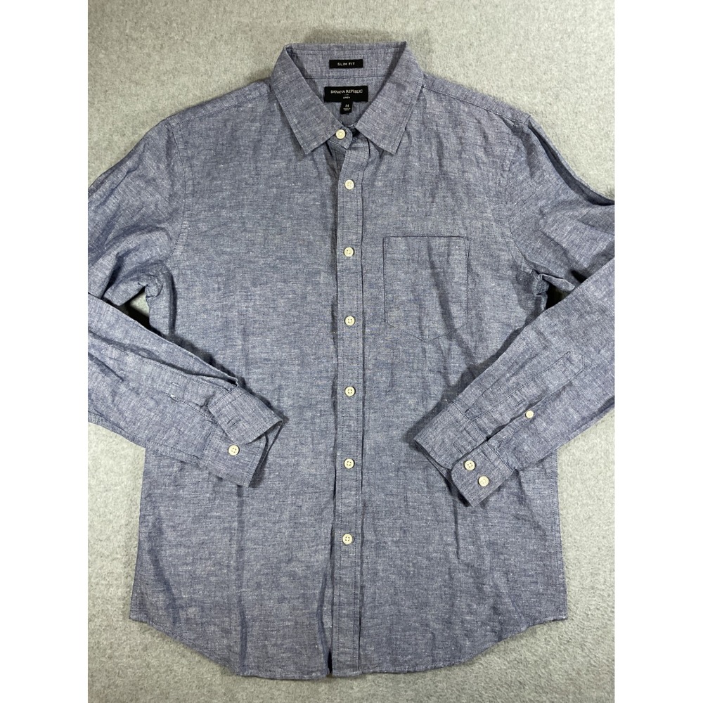 Banana Republic Mens Slim Fit Linen Cotton Blue Chambray Button Down M 1723